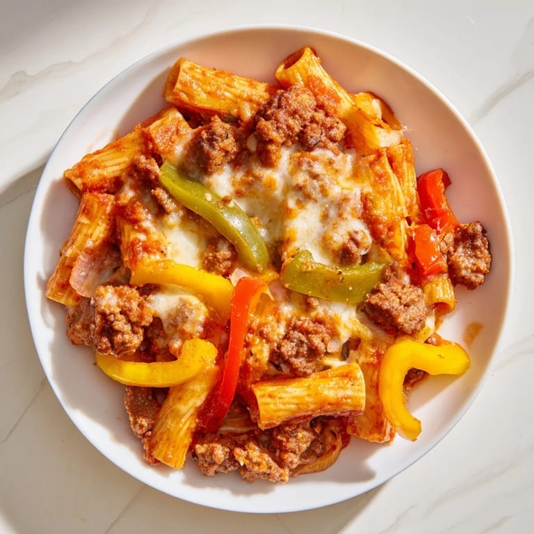 Golden brown topping on a fresh Baked Rigatoni with Sausage & Peppers, ready to serve after baking.