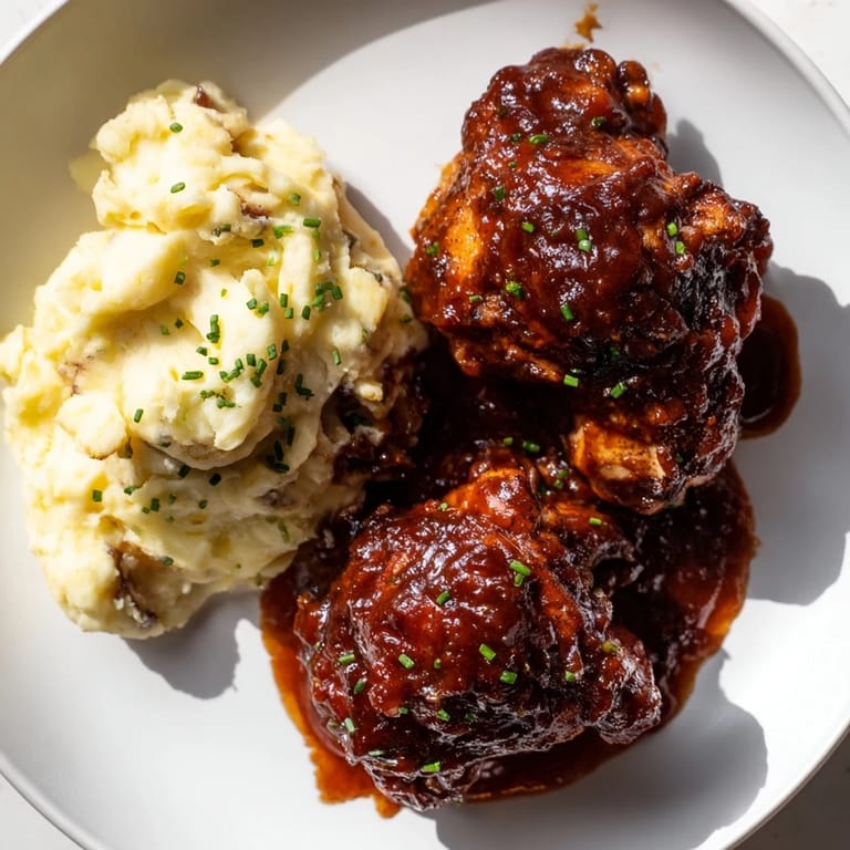 Tender honey BBQ chicken thighs, with a rich, smoky glaze, next to a bowl of creamy garlic mashed potatoes.