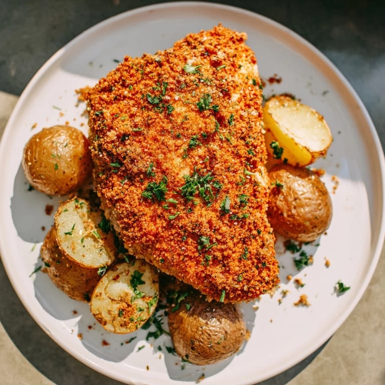 Mouthwatering close-up of Crispy Parmesan Crusted Chicken & Potatoes, perfectly baked with herb accents.
