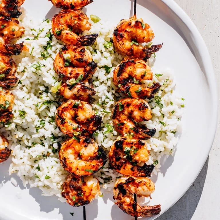 A close-up shot of zesty Chipotle Lime Grilled Shrimp served alongside fresh cilantro-lime rice.