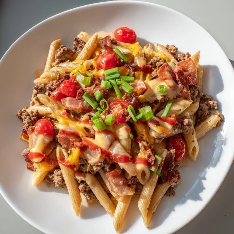 A close-up of a steaming bowl of Bacon Cheeseburger Pasta Bake, perfect for a comfort food meal.