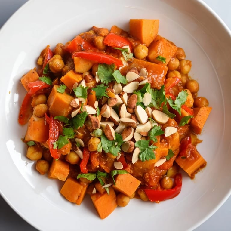 Golden sweet potatoes and hearty chickpeas simmer in a vibrant Moroccan Tagine, ready to serve with lemon.