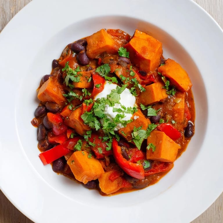 Aged, rustic wooden table featuring a bubbling pot of flavorful Sweet Potato & Black Bean Chili, ready to serve.