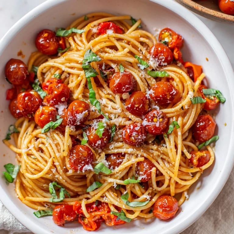 Fragrant Lazy-Girl Pasta, a simple, delicious vegetarian meal with fresh basil and Parmesan cheese.
