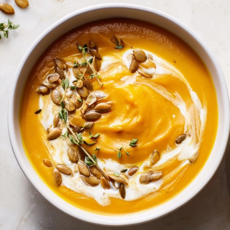 Enjoy a spoonful of rich and flavorful creamy roasted acorn squash soup, a vegetarian delight.