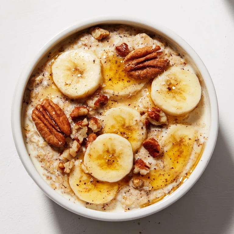 Individual ramekins of Baked Oats with Banana and Honey, topped with sliced bananas and drizzled honey.