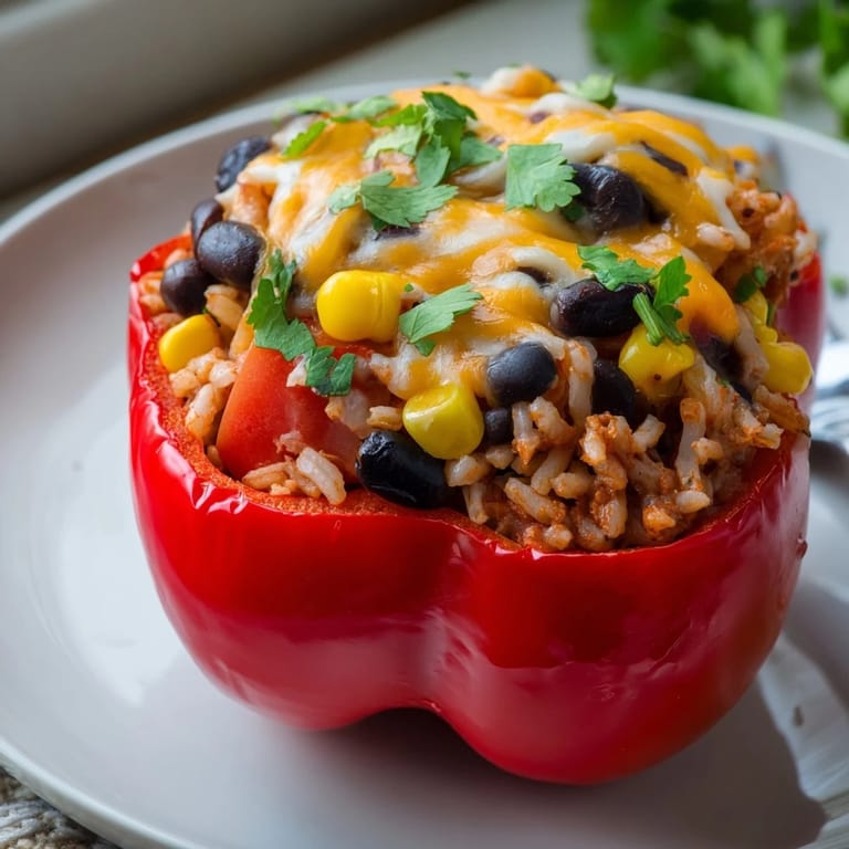 Steaming, colorful stuffed bell peppers with melted cheese, a hearty and easy meal to serve.