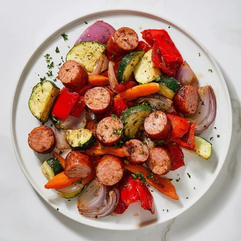 Enjoy a sheet-pan roasted veggies and sausage medley; an easy, healthy, and wonderfully satisfying weeknight supper.