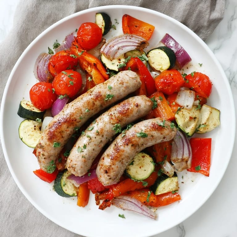 Golden, roasted sheet-pan veggies & sausage: a delicious one-pan meal, bursting with savory flavors perfect for family dinner.
