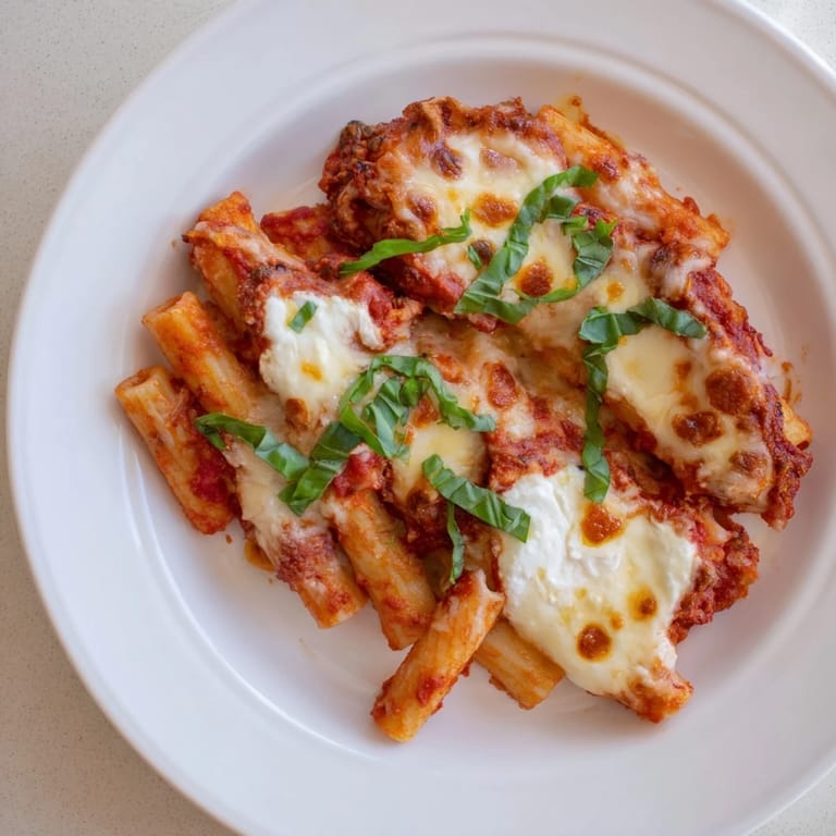 A close-up of a rustic One-Pan Baked Ziti, showcasing the creamy ricotta and golden brown cheese.