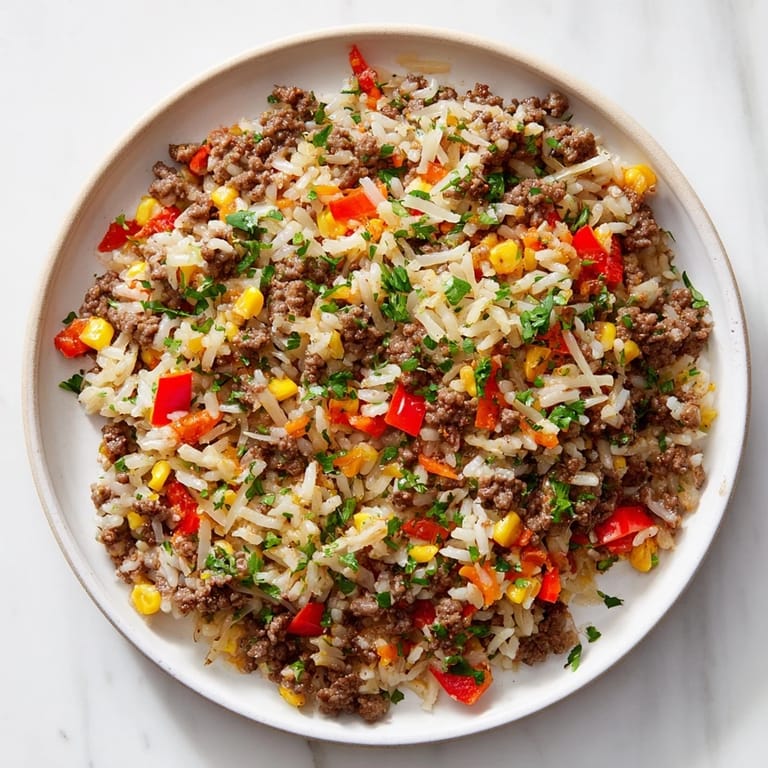 A steaming bowl of Ground Beef Skillet bursting with colorful vegetables ready to eat.