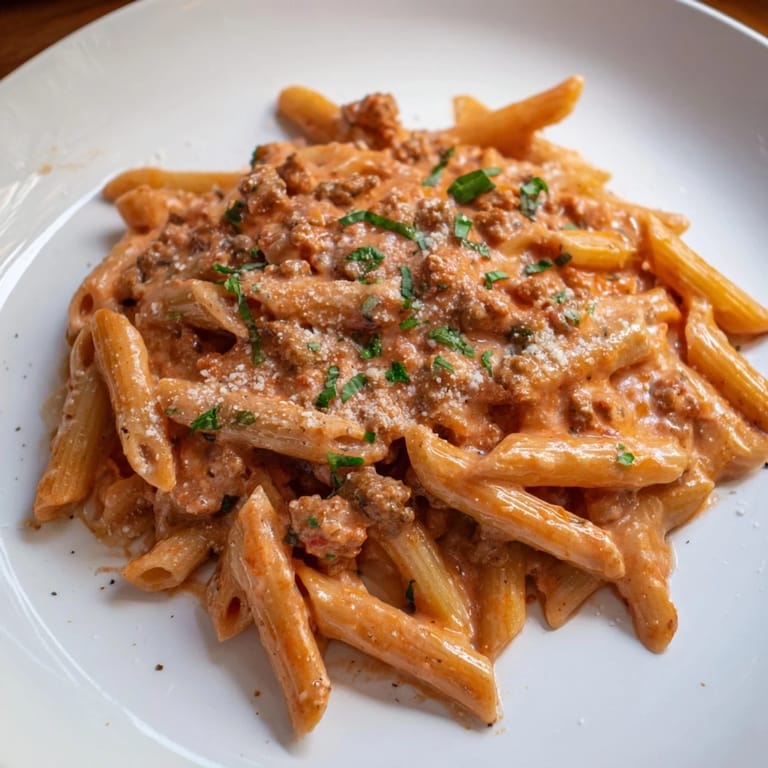 A steaming bowl of creamy tomato and sausage pasta, highlighting the rich sauce and penne.