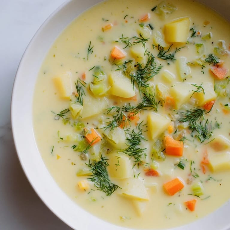 A bowl of creamy dill pickle soup, thick and velvety with visible pickle pieces and potatoes.