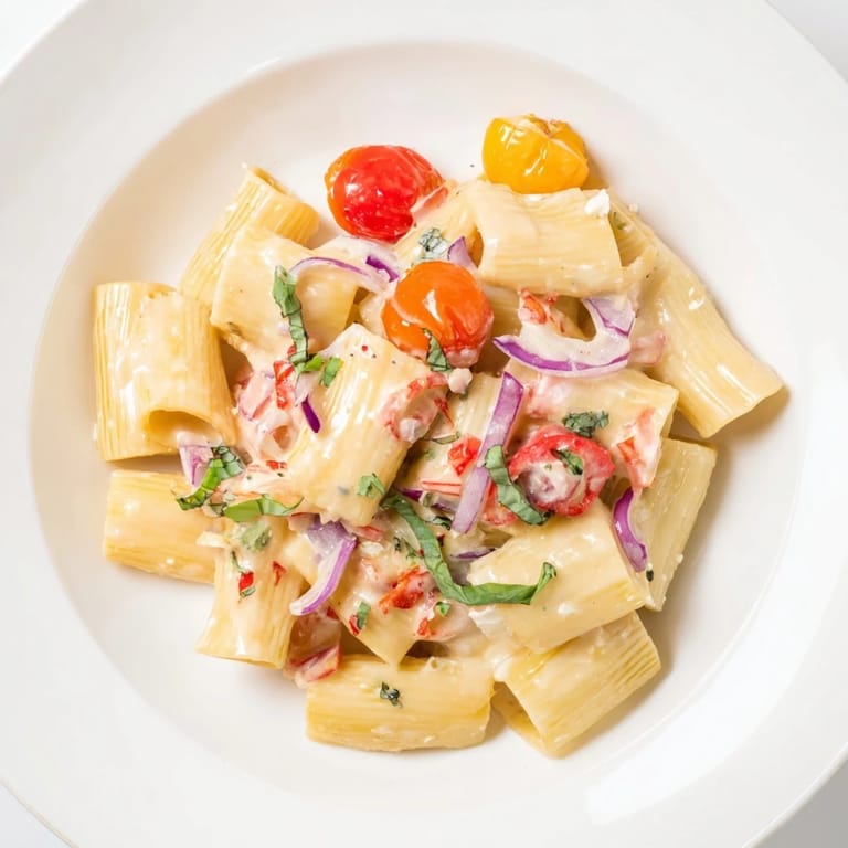 A close-up of delicious baked feta Christmas pasta, highlighting colorful veggies and herbs baked to perfection.