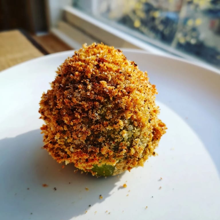 See the savory texture of Crispy Cheese-Wrapped Pickle Ornaments, a visually appealing vegetarian snack with a crispy exterior.