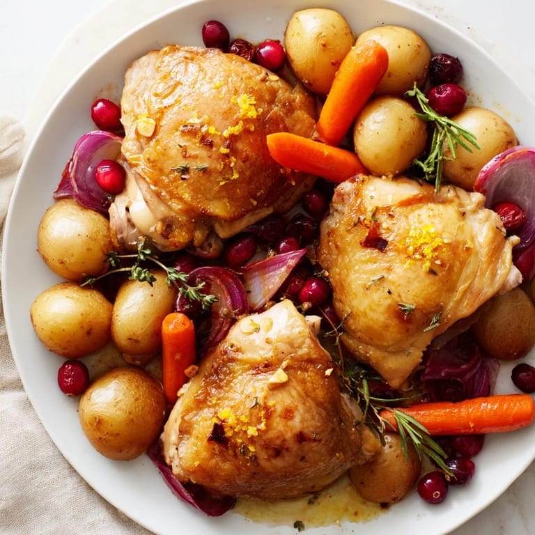 Juicy One-Pan Olive Oil Roast Chicken with bright red cranberries, ideal for a comforting home-cooked dinner.
