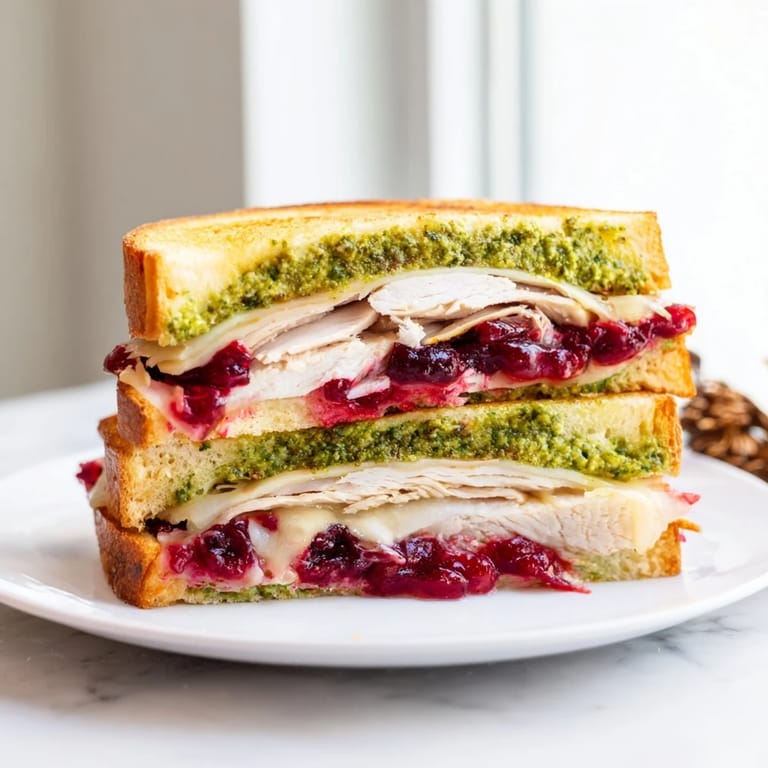 A visually appealing close-up of a perfectly grilled Pesto Cranberry Turkey Grilled Cheese, sliced and served warm.