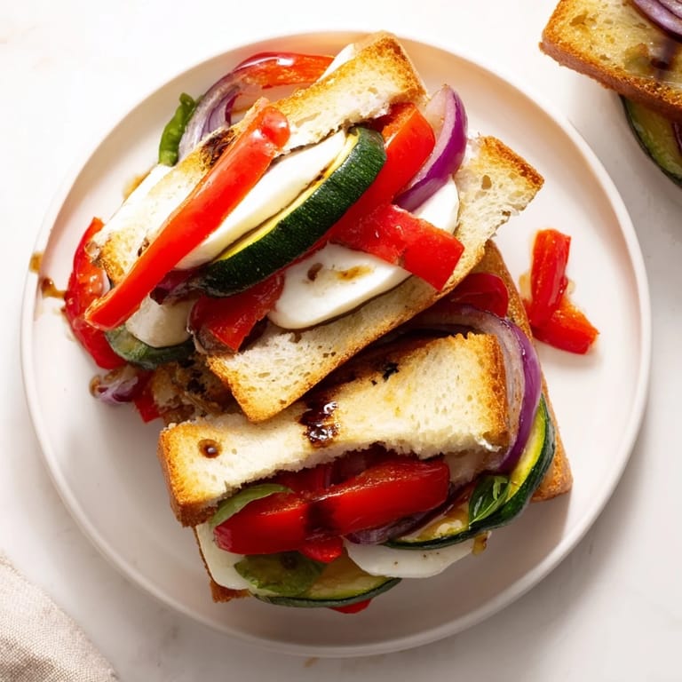 A close-up of a perfectly grilled Sheet-Pan Roasted Veggie Caprese Grilled Cheese, showcasing colorful roasted veggies and bubbling cheese.