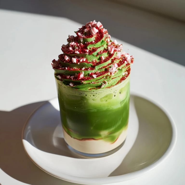 This festive Sugar-Free White Chocolate Candy Cane Iced Matcha features a vibrant green matcha base beneath creamy white chocolate.