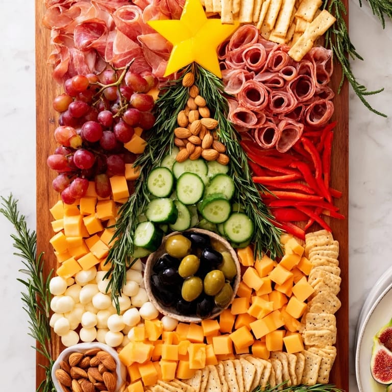 A festive Christmas Tree Snack Board, showcasing colorful grapes, cheese cubes, and sliced meats, ready to enjoy.