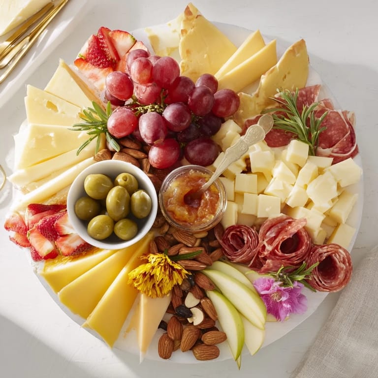 Delicious star-shaped appetizer board with savory and sweet components offers a perfect holiday gathering spread.