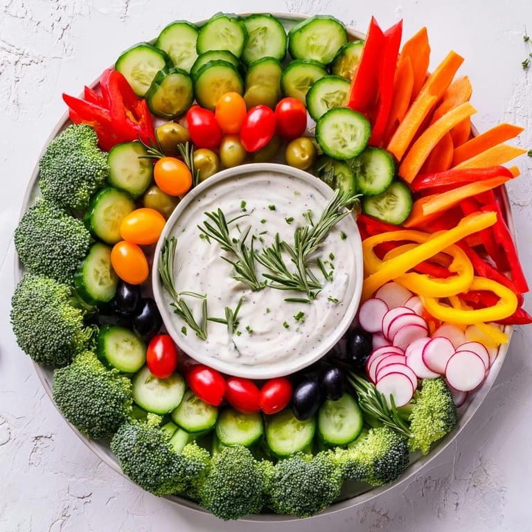 Festive Wreath Veggie Dip Platter featuring a ring of fresh vegetables around a creamy, flavorful dip.