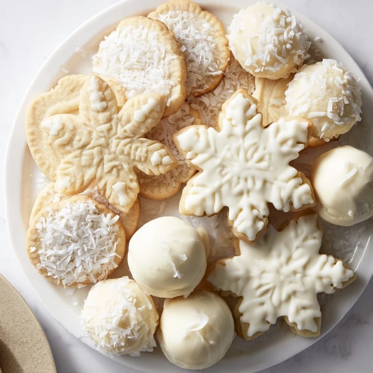 A visually appealing Snowflake Dessert Board arrangement: cookies, chocolates, and fresh berries, ready to serve.