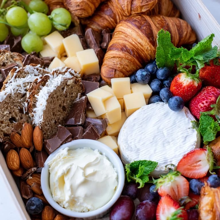 Delicious Gift Box Brunch Board featuring vibrant fruits, artisanal breads, and creamy brie slices.