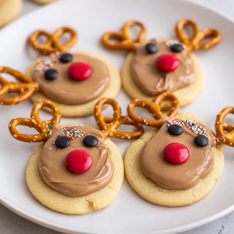 Delicious close-up showcasing adorable Santa's Reindeer Cookies, each with a bright red candy nose.