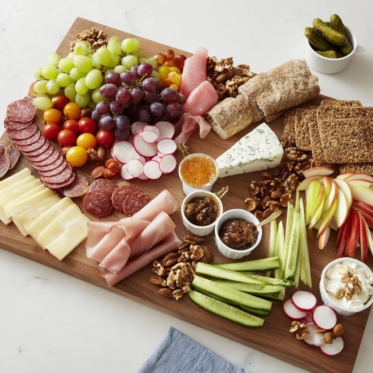 This Cheval Heureux Snack Board features an assortment of cheeses, meats, and fresh goodies for easy entertaining.