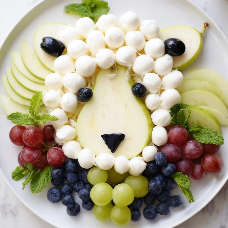 Fresh apple ears frame a delicious Lamb Face Fruit and Cheese Platter, perfect for parties.