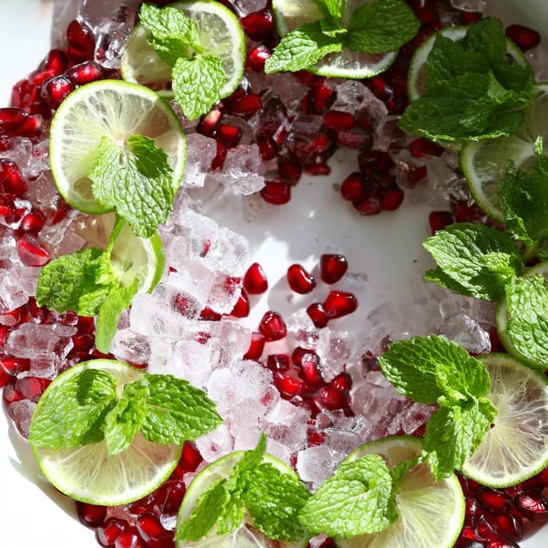 Refreshing pomegranate and mint wreath punch, pictured with ruby red pomegranate seeds and fresh mint leaves.