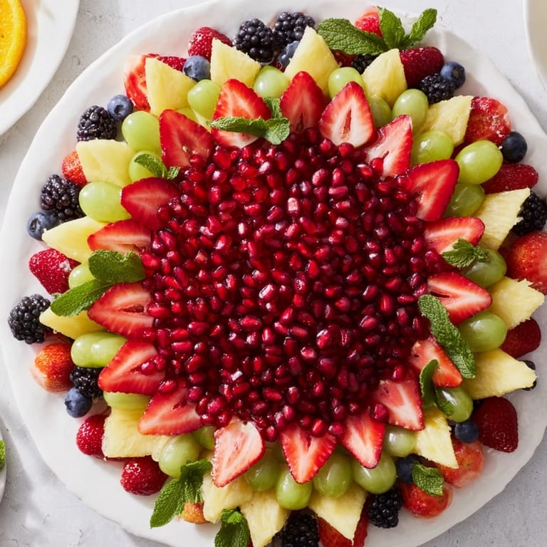 A stunning photo showing the beautiful arrangement of a Pomegranate Starburst Platter, ready to serve and enjoy as a healthy treat.