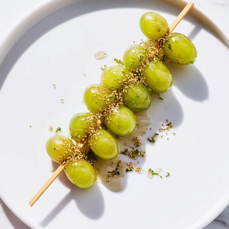 Shiny green grapes are threaded onto skewers, perfect for eating the Grapes of Luck.
