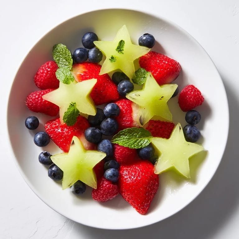 A close-up of a refreshing starfruit and berries platter, perfect for a light summer dessert.