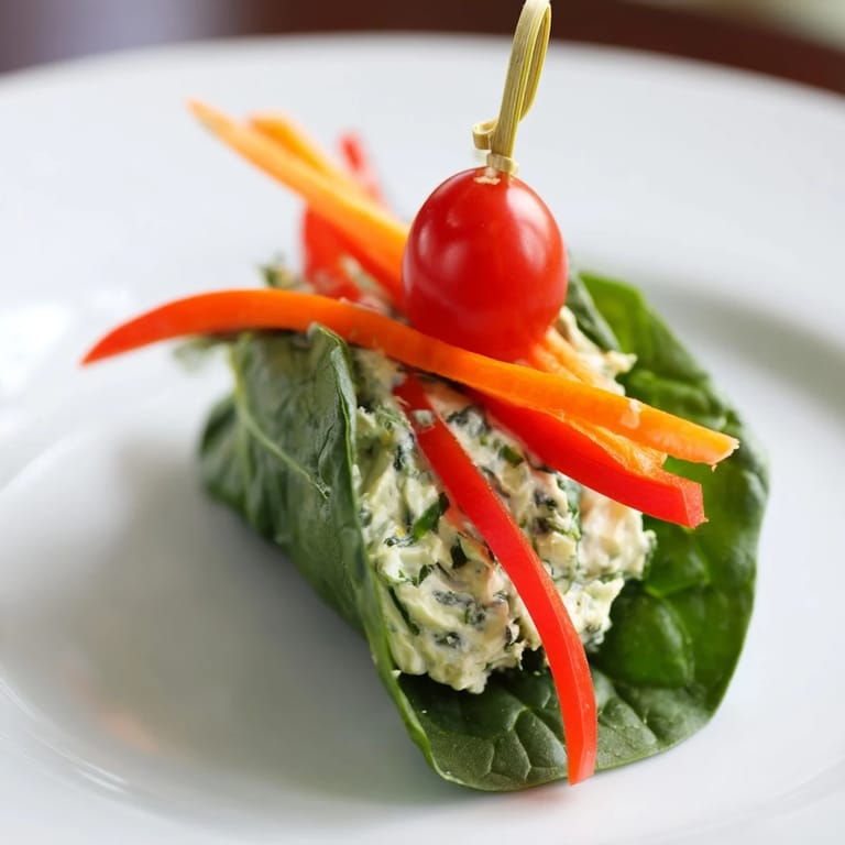 Fresh Holly Leaf Spinach Wraps, ready to eat, showing the creamy filling and bright red cherry tomato garnish.