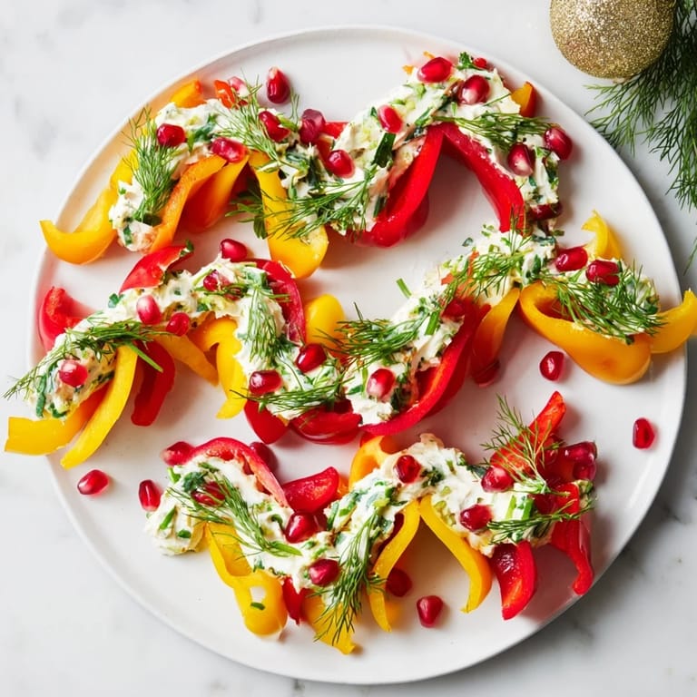 Freshly made Bell Pepper Christmas Bows, a colorful appetizer, garnished with bright pomegranate seeds.