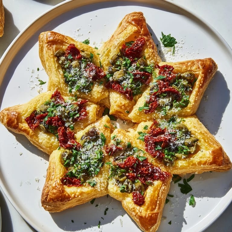 A close-up of a festive Olive and Sundried Tomato Star Garland, bursting with Mediterranean flavors and textures.