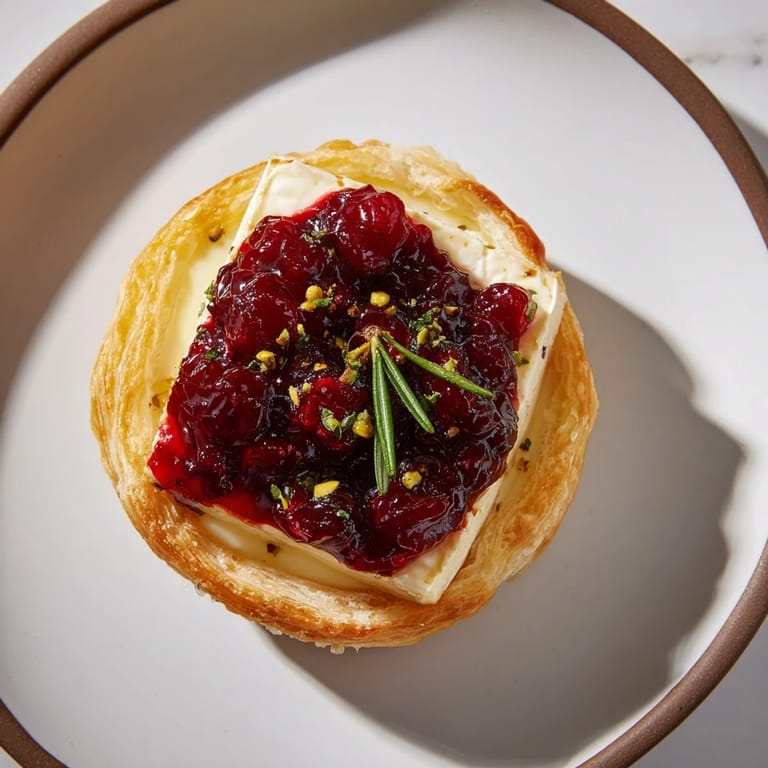 Close-up of a festive Cranberry Brie Bites Wreath, showcasing melted brie and vibrant cranberry filling.