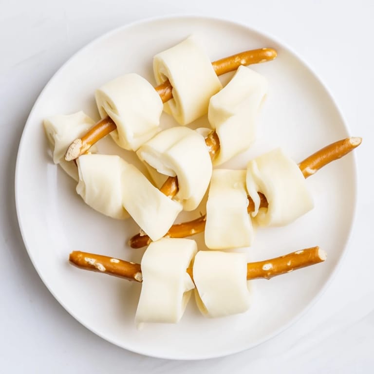 String cheese and pretzel rods: a deliciously simple snack, with a perfect crunch and cheesy flavor combination.