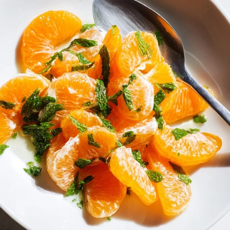 Sweet clementine and mint winter fruit salad, tossed and ready—a delicious, refreshing dessert.