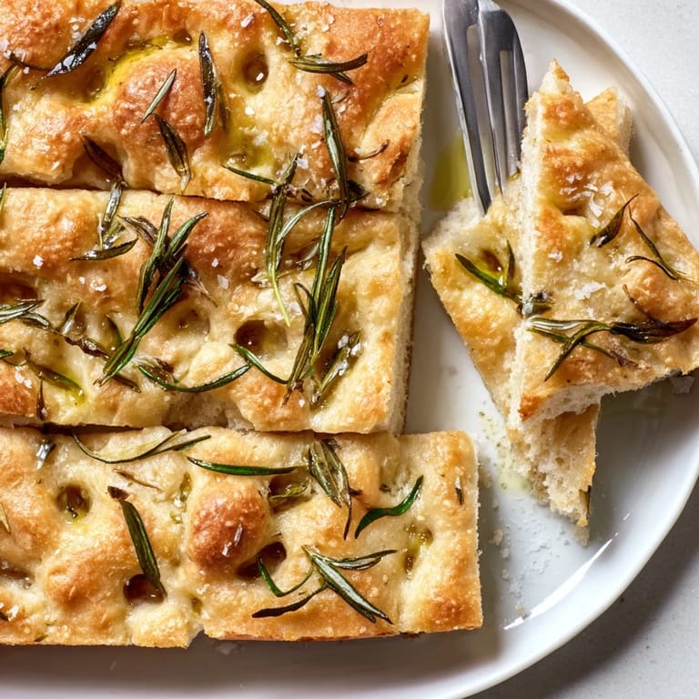 Homemade Holiday Bread: a crispy, olive oil-kissed focaccia topped with fresh rosemary.