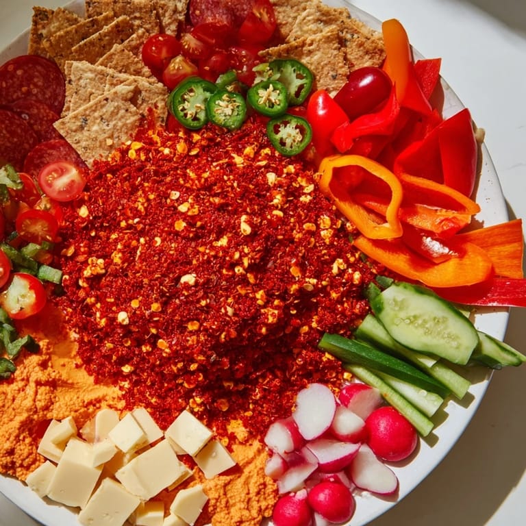 This Spicy Hot Take Platter is a delicious appetizer featuring spicy peppers and crumbled cheese, perfect for sharing.