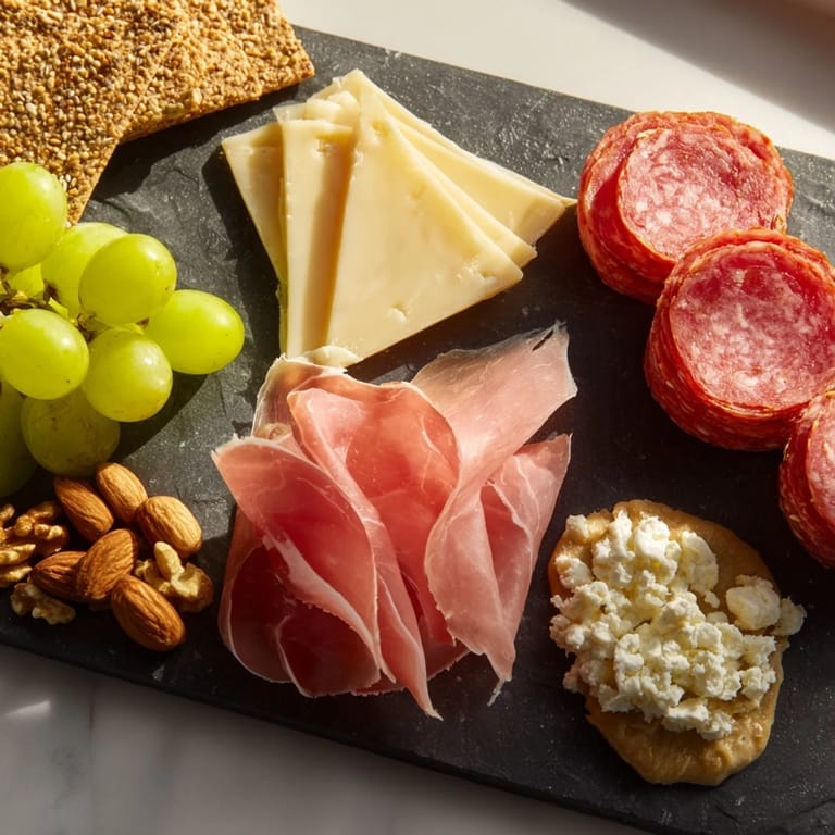 Enjoy a luxurious charcuterie board for one, complete with mustard, nuts, and a glass of wine.
