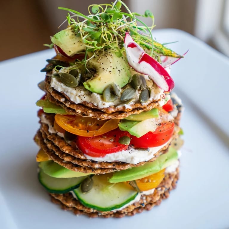 This Gluten-Free Gourmet Tower showcases gluten-free options with toasted bread, fresh ingredients, and creative layering.