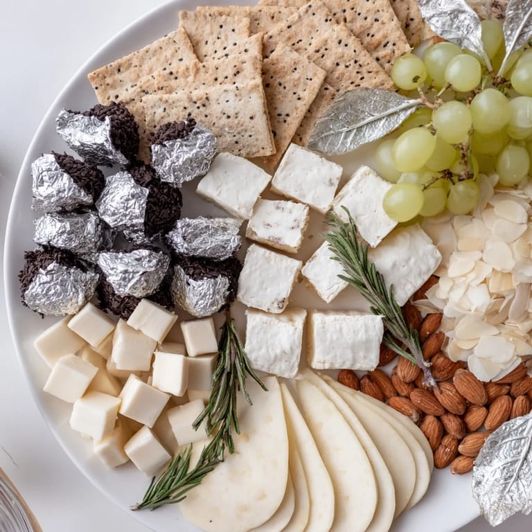 A visually stunning Silver Screen cheese board with creamy cheeses, chocolates, and fresh fruits for serving.