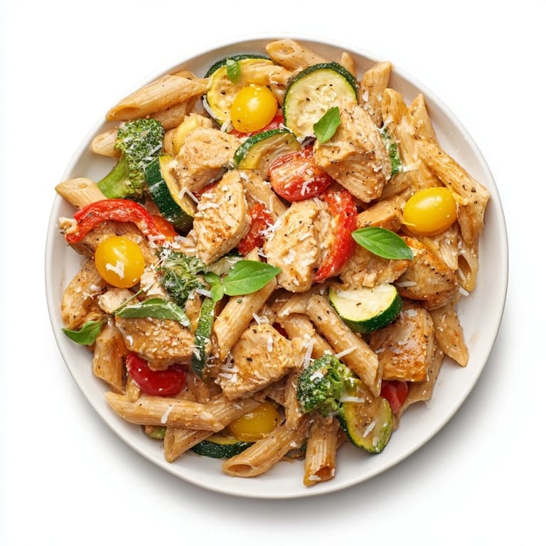 A close-up of the delicious 5-4-3-2-1 Pasta Primavera featuring vibrant vegetables and creamy sauce.