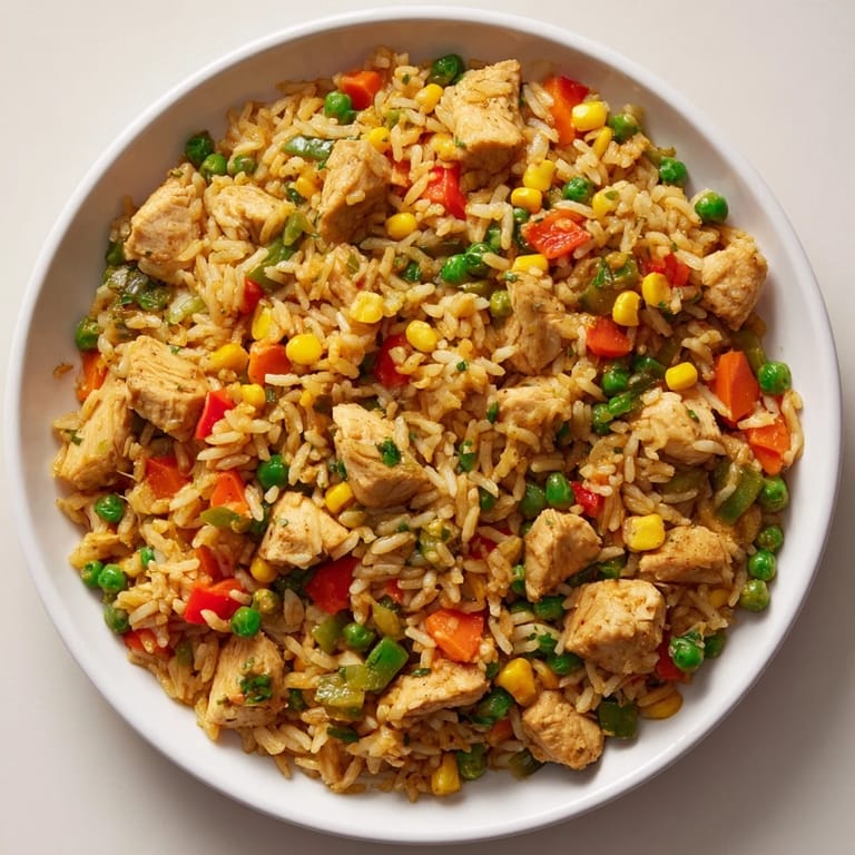 Golden, savory One-Pot Chicken and Rice steaming in a pot, ready to serve and enjoy as a comforting dinner.