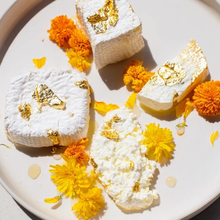 Fresh The Gilded Lily cheese board features goat cheese, brie, and ricotta, elegantly garnished with edible flowers.