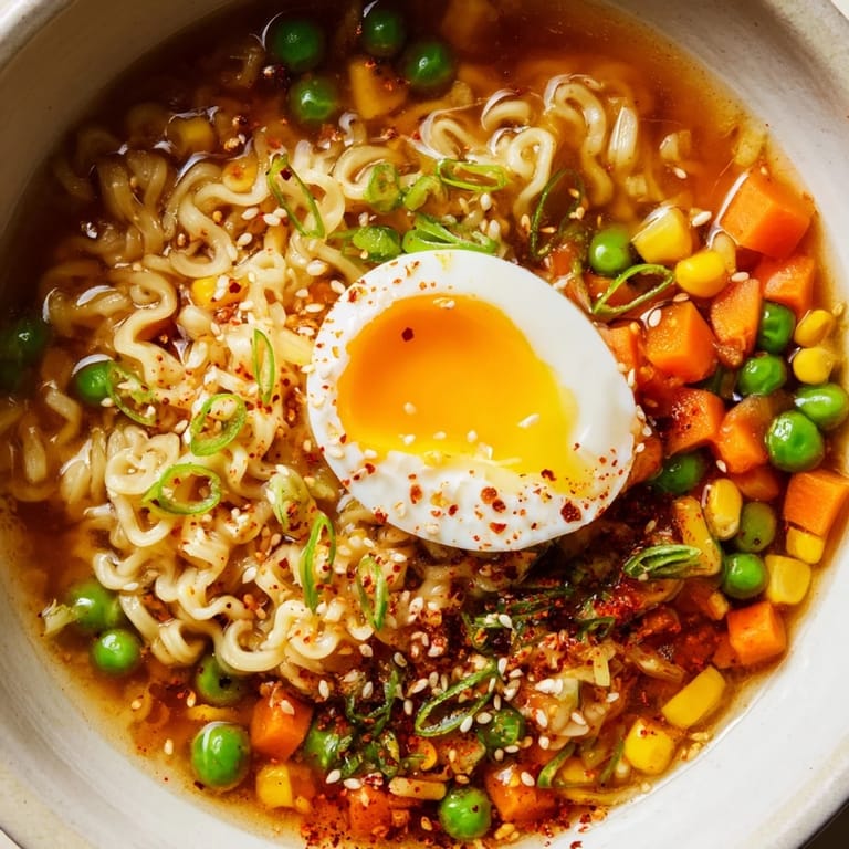 Close-up of a flavorful Ramen Upgrade with frozen peas, a vegetarian-friendly Asian fusion meal.